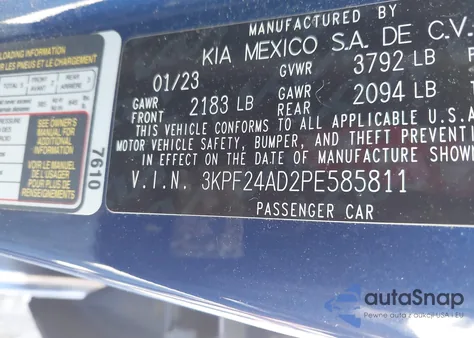 2023 Kia Forte Lxs z USA, uszkodzony, nr VIN 3KPF24AD2PE585811